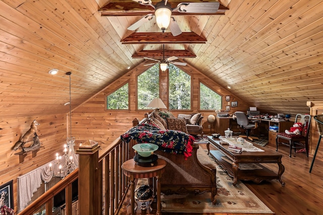 living room with hardwood / wood-style flooring, wooden ceiling, wooden walls, and lofted ceiling with beams