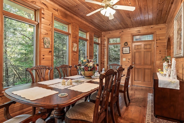 dining space with dark hardwood / wood-style flooring, ceiling fan, wooden ceiling, and wood walls