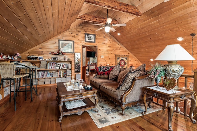 living room featuring wood ceiling, hardwood / wood-style flooring, wooden walls, lofted ceiling with beams, and ceiling fan