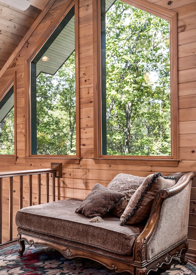 sitting room featuring wood walls and plenty of natural light