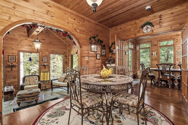 dining space featuring lofted ceiling, wood-type flooring, and plenty of natural light