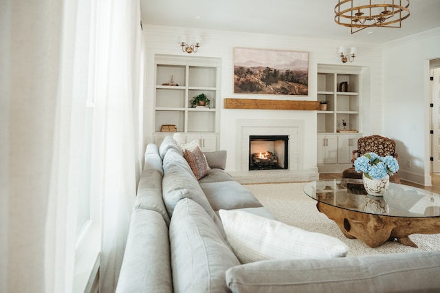 living room with crown molding