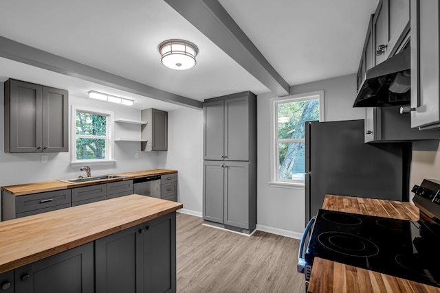 kitchen featuring gray cabinetry, stainless steel appliances, wood counters, sink, and light hardwood / wood-style floors