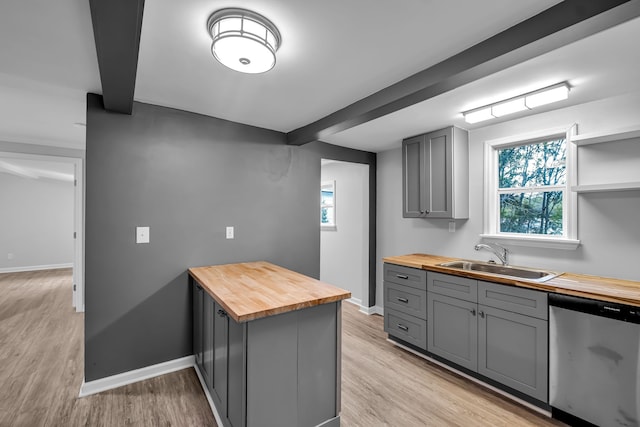 kitchen with gray cabinetry, sink, dishwasher, light wood-type flooring, and wooden counters