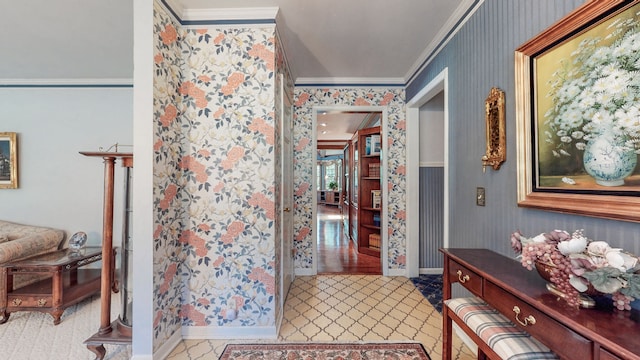 hallway featuring crown molding