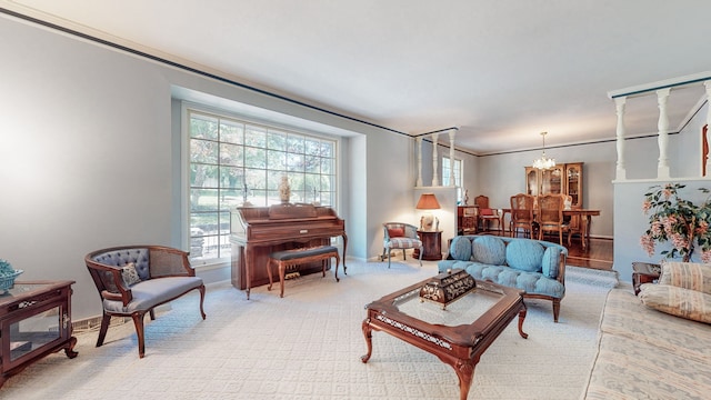 living room with a chandelier