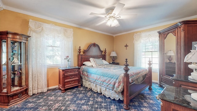 bedroom with ornamental molding and ceiling fan