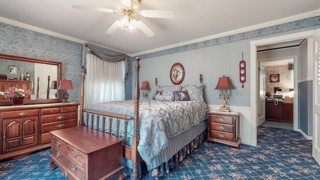 bedroom featuring ornamental molding and ceiling fan