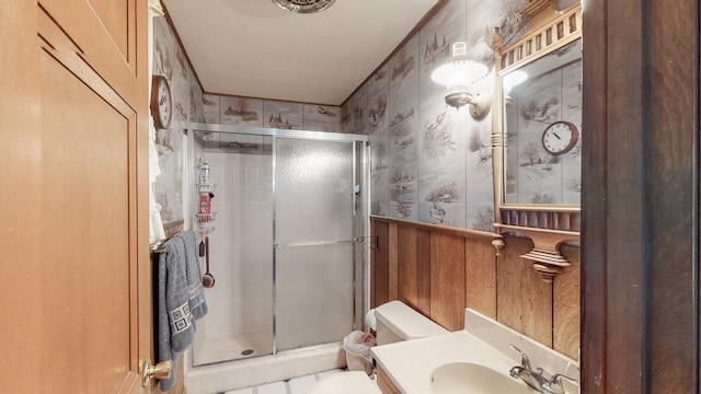 bathroom with toilet, wood walls, vanity, and a shower with door