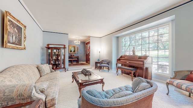 living room featuring ornamental molding, a chandelier, and carpet