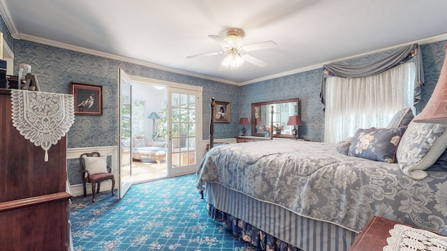 bedroom with ornamental molding, access to exterior, and ceiling fan