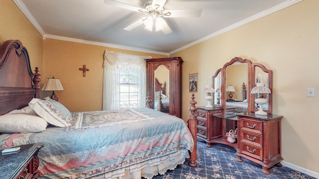 bedroom with dark carpet, ornamental molding, and ceiling fan