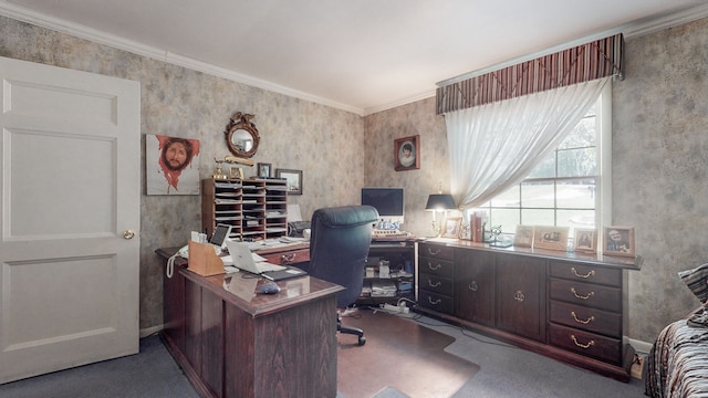 carpeted home office featuring crown molding