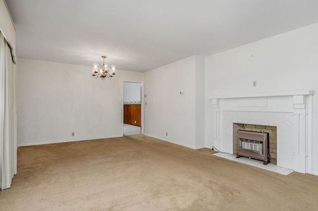 unfurnished living room featuring a notable chandelier and light colored carpet