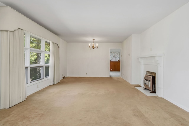 unfurnished living room with a chandelier and light colored carpet