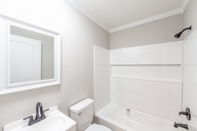 full bathroom featuring bathtub / shower combination, a textured ceiling, toilet, vanity, and crown molding