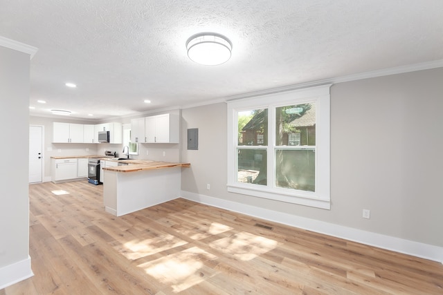 kitchen featuring kitchen peninsula, white cabinets, light wood-type flooring, butcher block counters, and stainless steel appliances