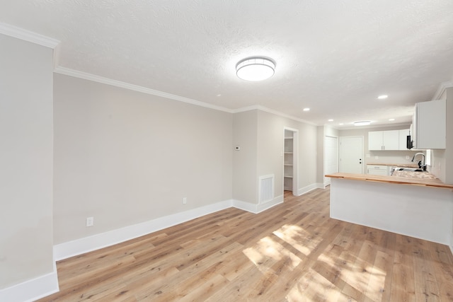 unfurnished living room featuring light hardwood / wood-style floors, ornamental molding, sink, and a textured ceiling