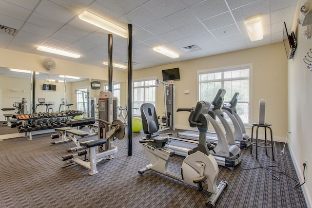 gym featuring a paneled ceiling and carpet floors