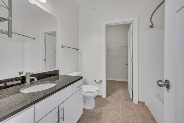 full bathroom featuring vanity,  shower combination, tile patterned floors, and toilet