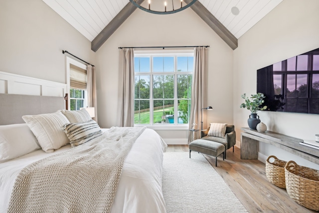 bedroom featuring wood ceiling, beam ceiling, high vaulted ceiling, and light wood-type flooring