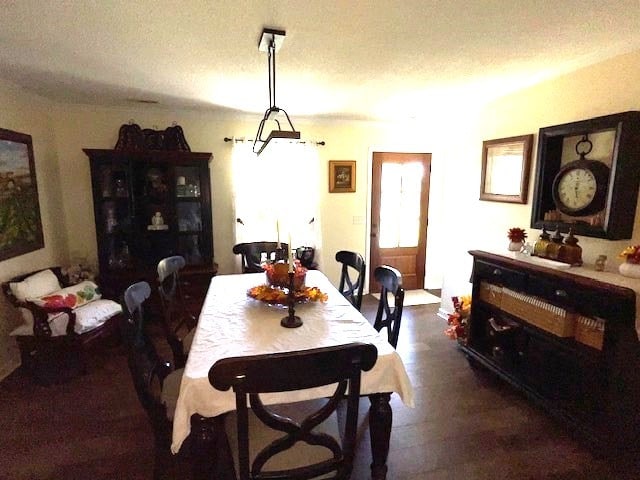 dining room featuring a textured ceiling and dark hardwood / wood-style flooring