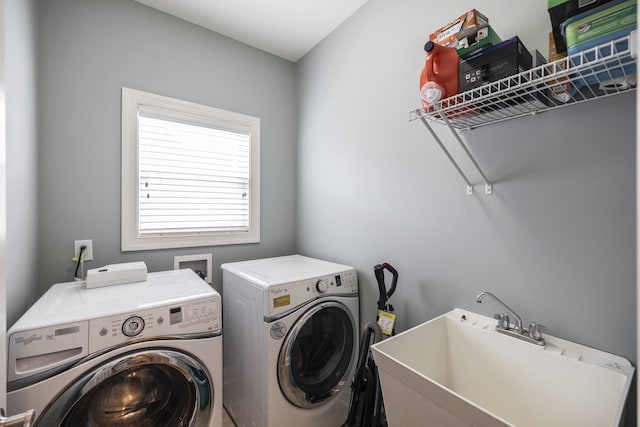 laundry room featuring washer and dryer, laundry area, and a sink