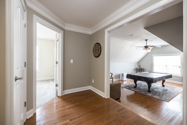 playroom with lofted ceiling, billiards, baseboards, dark wood finished floors, and crown molding