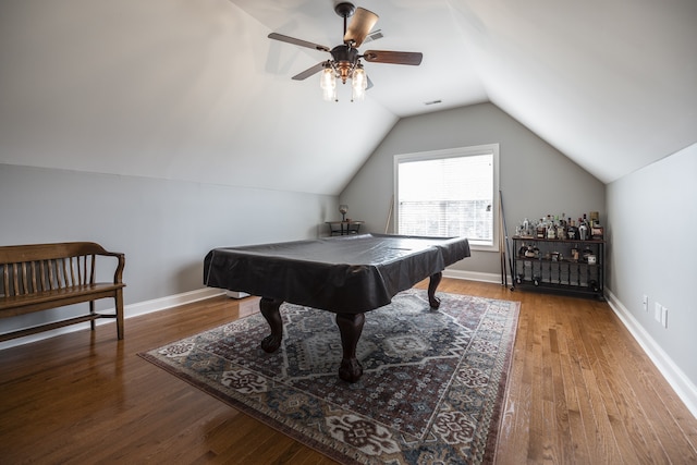 game room featuring billiards, baseboards, ceiling fan, wood finished floors, and vaulted ceiling