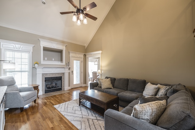 living area featuring ornamental molding, a fireplace, plenty of natural light, and wood finished floors