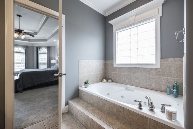 bathroom featuring tile patterned flooring, connected bathroom, a ceiling fan, a jetted tub, and crown molding