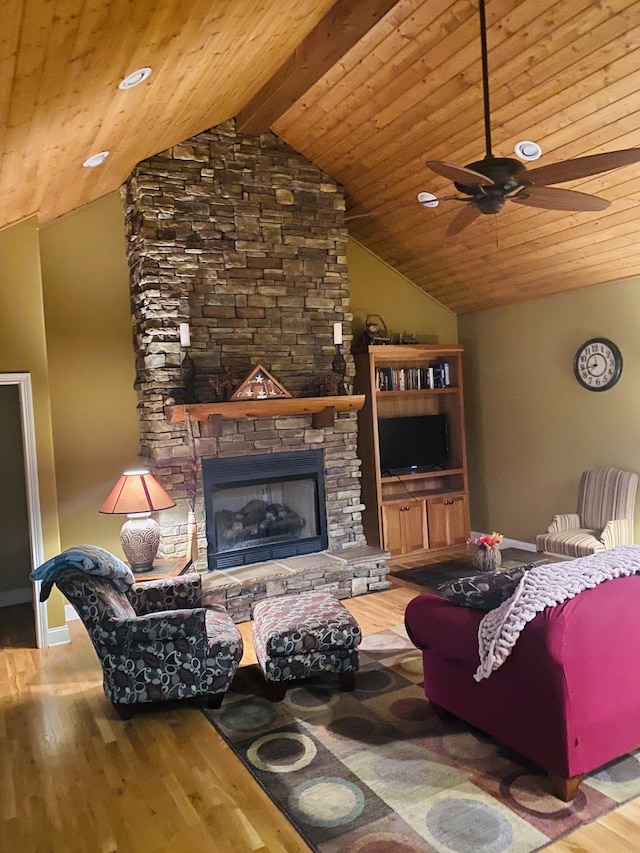 2271 Timberwood Trce, Monteagle, TN 37356 - living room featuring wood ceiling, lofted ceiling with beams, a ceiling fan, and wood finished floors