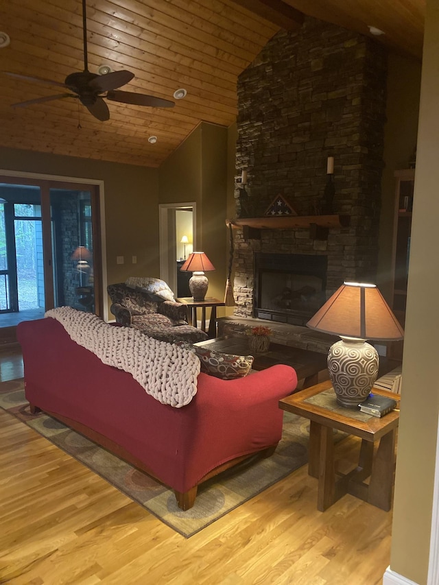 2271 Timberwood Trce, Monteagle, TN 37356 - living room featuring lofted ceiling, wood finished floors, a ceiling fan, wood ceiling, and a fireplace