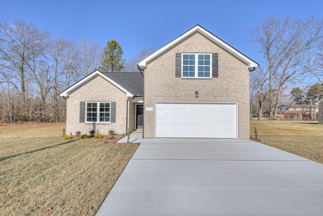 front facade with a garage and a front lawn