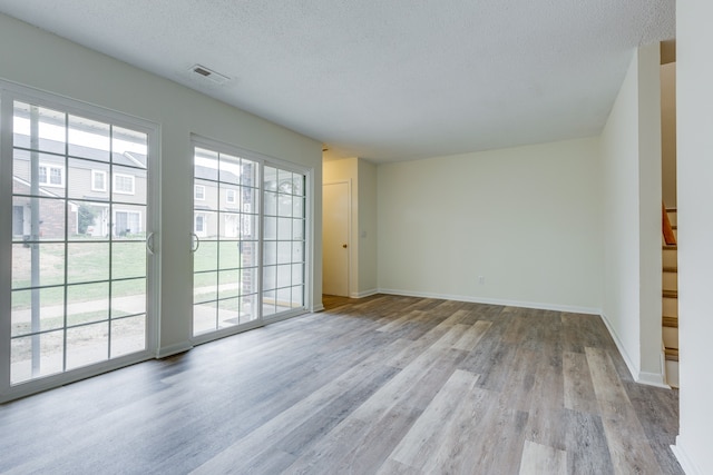 spare room featuring a textured ceiling, light hardwood / wood-style flooring, and plenty of natural light