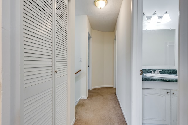 hall featuring light carpet, a textured ceiling, and sink