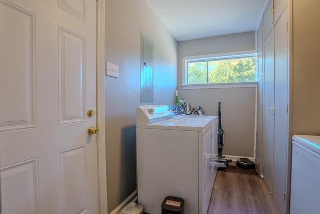 laundry room with hardwood / wood-style flooring, washing machine and dryer, and electric panel