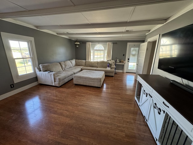 unfurnished living room with crown molding, beam ceiling, plenty of natural light, and dark hardwood / wood-style floors