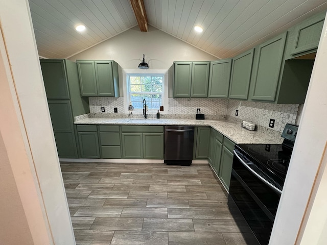 kitchen featuring black electric range, dishwasher, sink, lofted ceiling with beams, and green cabinets