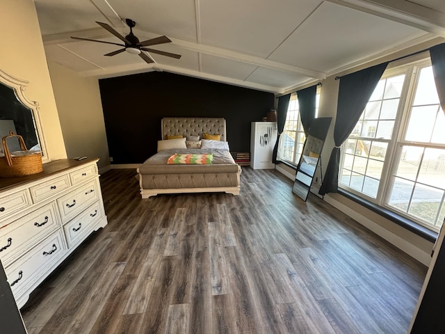 bedroom featuring lofted ceiling, ceiling fan, and dark hardwood / wood-style flooring