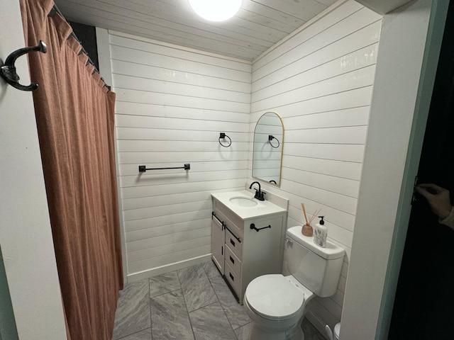 bathroom featuring wood ceiling, toilet, wood walls, vanity, and a shower with shower curtain