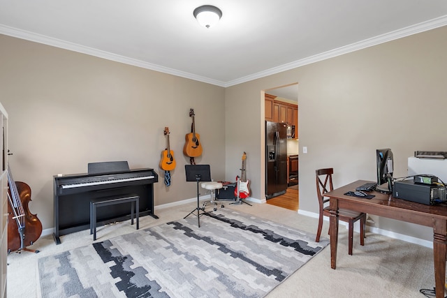 carpeted office space with crown molding