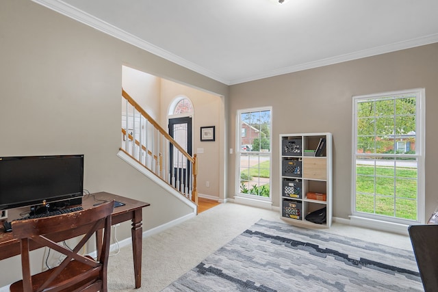 office area featuring light carpet, ornamental molding, and a wealth of natural light