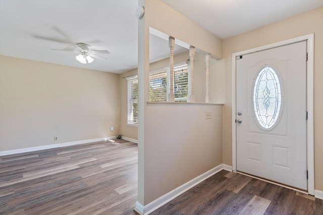 foyer with dark hardwood / wood-style flooring, ceiling fan, and a wealth of natural light