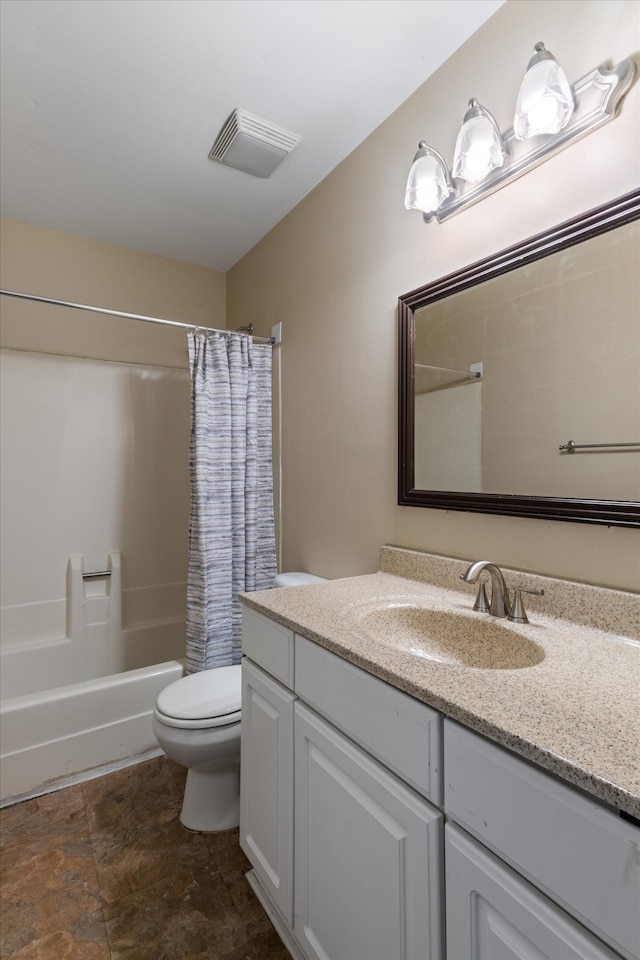 full bathroom with toilet, shower / tub combo with curtain, and vanity