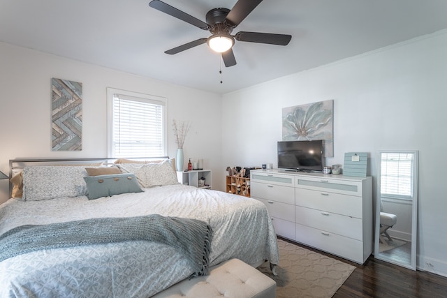 bedroom with multiple windows, dark hardwood / wood-style floors, and ceiling fan