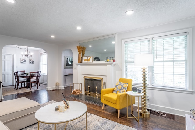 living room featuring a wealth of natural light and dark wood-type flooring