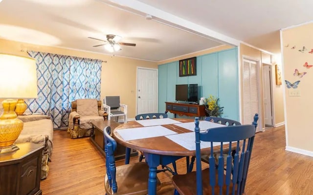 dining space with light wood-type flooring and ceiling fan