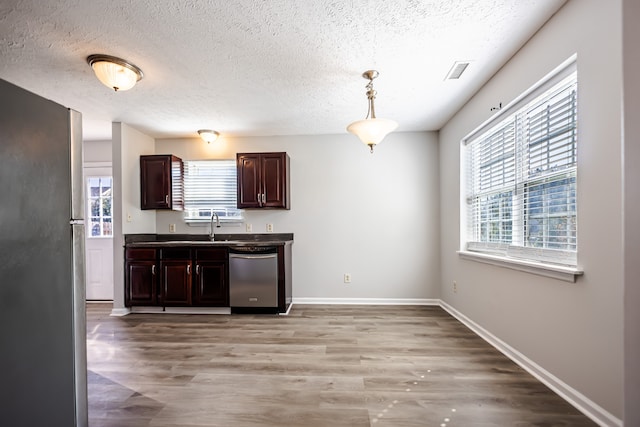 kitchen featuring decorative light fixtures, a healthy amount of sunlight, stainless steel appliances, and light wood-type flooring