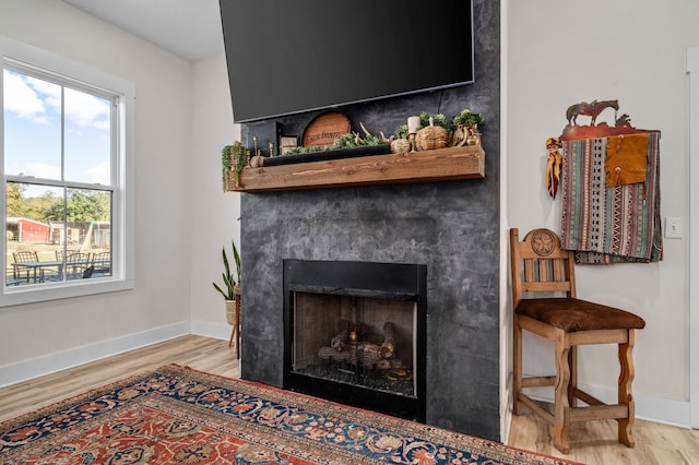 interior details with a fireplace, baseboards, and wood finished floors